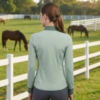 Haut d'équitation élégant et brillant à col montant zippé, coupe ajustée, pour femme, chemise de concours équestre à manches longues, sous-couche d'équitation
