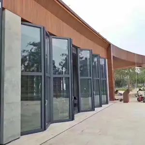 钢化玻璃双折门铝折叠庭院户外滑动折叠门铝垂直双折门玻璃