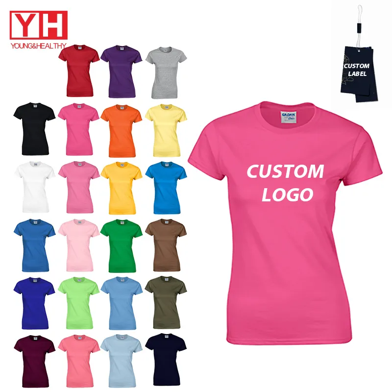 Kaus polos kasual wanita motif banyak warna, Kaos wanita modis dengan Logo promosi katun organik Premium