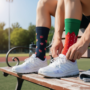 Chaussettes de sport colorées avec imprimé fraise jacquard, logo personnalisable, impression numérique haute résistance à la transpiration sur les deux côtés - Product Image 3