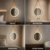 Miroir de salle de bain LED rond avec cadre en aluminium, miroir mural éclairé tactile à intensité variable avec sangle de suspension