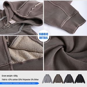 Sudadera con capucha de doble cremallera estilo vintage para hombre, con bajo sin rematar, patchwork, estilo lavado, forrada y oversize para invierno - Product Image 6