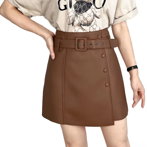 2321 High Quality Elegant Plain Belt a Line Short Real Leather Skirts for Women