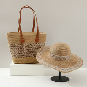 Hot Selling Fashion Woven Stroh Tasche Luxus Strohhut 2 Pcs Set Sunhat Damen Tote Handtasche Holiday Stripe Beach <span class=keywords><strong>Bag</strong></span> - Product Image 5