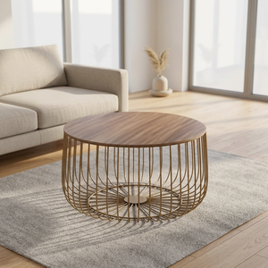 AK Brass Standard Metal Coffee <b>Table</b> <b>Gold</b> Finished With Top <b>Round</b> Wood Luxury Design For Living Room Furniture / Cafe Furniture - Product Image 3