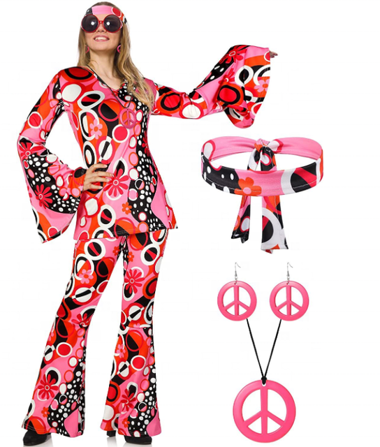 5 Pieces 70s Women Hippie Costume Set Bell Bottom Boho Flared Pant Hippie Shirt with Peace Sign Earring Necklace Headband