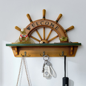 Mediterranean Style Wooden Ship Wheel Wall <b>Shelf</b> <b>With</b> <b>Hooks</b> For Home Decor Living Room Bedroom Entryway - Product Image 2