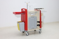 Chariot de réanimation EMS avec planche RCP, design moderne en ABS, roulettes silencieuses, support multifonctionnel pour oxygène, usage hospitalier, hauteur réglable