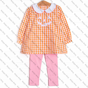 Wholesale <strong>Halloween</strong> Holiday <strong>Baby</strong> Girl Leggings Set Woven Orange Gingham Long Sleeve Top and Bloomer Set Sister Matching <strong>Outfits</strong> - Product Image 2