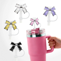 Décorations de pailles en acrylique en forme de cœur romantique avec nœud rose, fleurs en pierres précieuses roses, pour gobelets, cadeaux, boissons, accessoires de bar