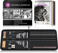 Kit de dessin 58 pièces, ensemble de crayons à dessin, fournitures de croquis, 3 carnets de croquis, crayons à dessin en graphite et fusain pour le mélange de couleurs