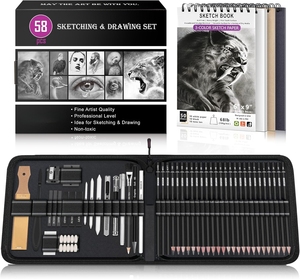 Kit de <span class=keywords><strong>dessin</strong></span> 58 pièces, ensemble de <span class=keywords><strong>crayons</strong></span> à <span class=keywords><strong>dessin</strong></span>, fournitures de croquis, <span class=keywords><strong>3</strong></span> carnets de croquis, <span class=keywords><strong>crayons</strong></span> à <span class=keywords><strong>dessin</strong></span> en graphite et fusain pour le mélange de couleurs - Product Image 1