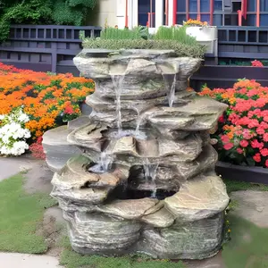 Fonte de água em pedra de rocha com design de ardósia, fonte de água em resina para fontes de água ao ar livre, atacado