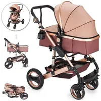 Poussette Landau de luxe 3-en-1 pour bébé Poussette de maman chaude avec matériau en lin pliable à haute vue Caractéristiques de sécurité 2-en-1