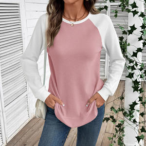 Women's Fall/Winter New Arrival <b>Patchwork</b> Color-Block Waffle Weave Crew Neck Long-Sleeve T-Shirt <b>Top</b> Fashion - Product Image 2