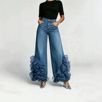 Nouveau Jean Large en Denim Coton à Volants en Organza et Fleurs 3D, Taille Haute, Style Streetwear, Bleu Sculptural, Collection Été 2026 – Vente en Gros