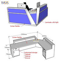 Réception de gymnase LED élégante et luxueuse en forme de L, surface solide Staron blanche, bureau d'accueil d'hôtel ou de bureau en forme de L