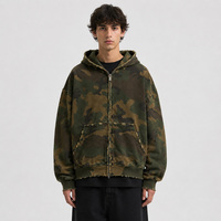 Sweat à capuche zippé pour homme en coton épais 100% avec imprimé camouflage, bords bruts vieillis, style streetwear, coupe oversize, sérigraphie vintage