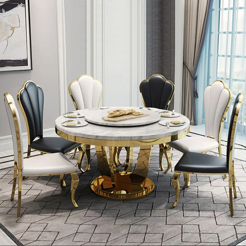 Mesa de comedor redonda de acero inoxidable con tapa de mármol, mueble moderno de lujo dorado