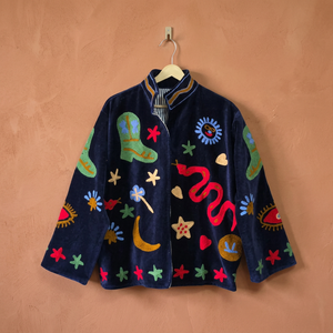 Chaqueta Bomber Boho de Terciopelo Azul para Mujer, Bordada, 100% Algodón Tejido con Patrón Floral, Ecológica, Transpirable, para Invierno y Verano - Product Image 4