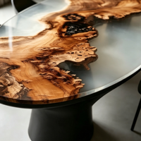 Table à manger en bois de burl naturel ovale avec résine époxy, base noire, nouveau design, assemblée