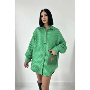 เสื้อเชิ้ตผ้าควิลท์สีเขียวติดกระดุมสำหรับผู้หญิง สไตล์ลำลองใส่ได้ทุกวัน ทำจากโพลีเอสเตอร์ มีกระเป๋า - Product Image 4