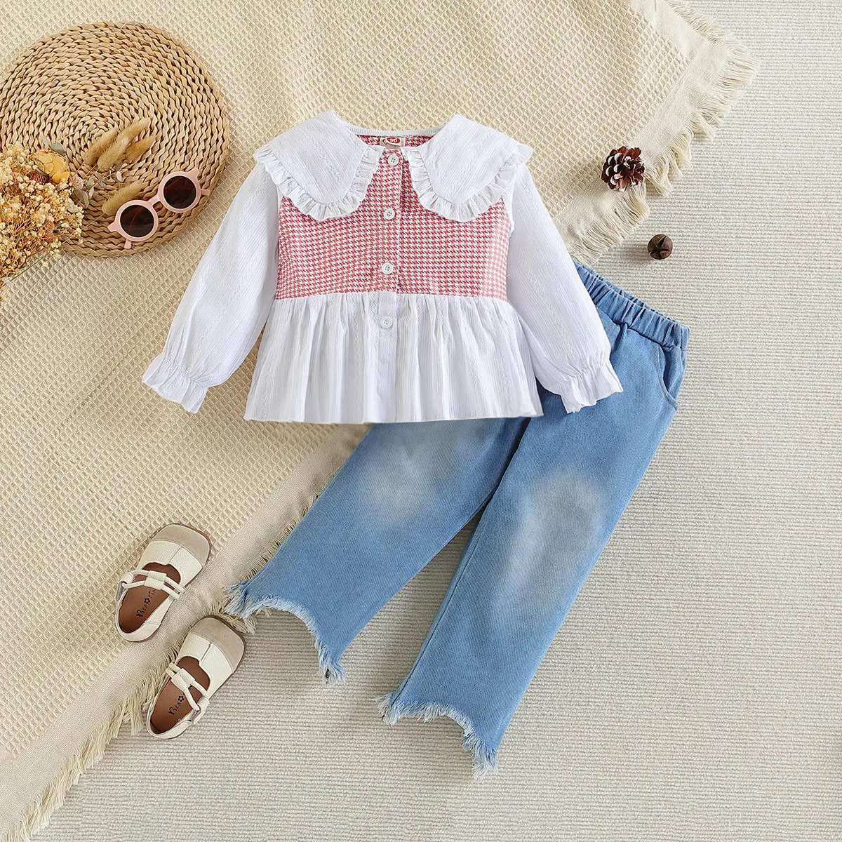 Groothandel Goede Kwaliteit Kids Outfits Shirt Met Lange Mouwen + Denim Broek Mode Tweedelige Peuter Meisjes Kleding Pakken