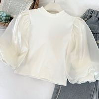 Ensemble de vêtements pour filles de printemps, style vintage, avec chemise à manches bouffantes, gilet en jean doux et pantalon large, deux pièces pour enfants