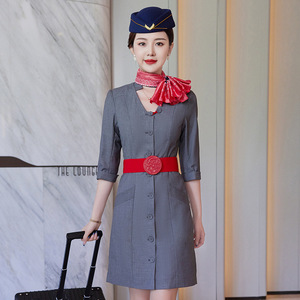 Uniforme da assistente di volo personalizzata con scollo a v abito da <span class=keywords><strong>donna</strong></span> professionale Slim Fit salone di bellezza gioielleria abbigliamento da <span class=keywords><strong>lavoro</strong></span> - Product Image 3