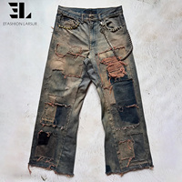 LARSUR Custom Factory Applique Patch Embroidery Flare Denim Pants Mud Wash Waxed Coated studded Rivet Hand Stitch BootCut Jeans