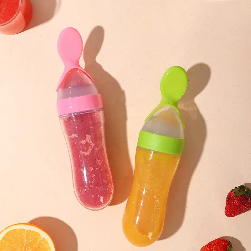 Yüksek kaliteli taze sebze meyve besleyici yumuşak silikon bebek bebekler çocuklar için sıkmak dağıtım kaşık besleyiciler