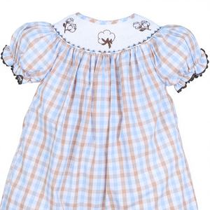 Conjunto de Romper de Burbuja para Bebé Niña, 100% Algodón Orgánico, Tela a Cuadros Primaveral, Cierre de Botones a Presión, Bordado a Mano, OEM ODM BB2565 - Product Image 1