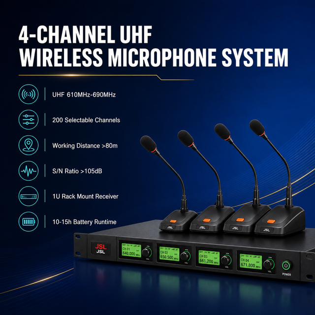 Wireless Microphone System 4 Channel UHF Gooseneck Conference Microphone with 1U Rack Receiver 610-690MHz 200 Channels 80m