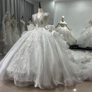 Para Jancember XS083 lujo borla cuello en V imperio noche vestido de baile moderno vestidos de novia largo capilla tren encaje Flor de cristal - Product Image 3