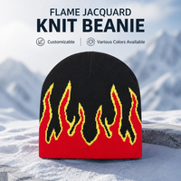 Bonnet en tricot jacquard personnalisé motif flamme rouge et jaune, bonnet d'hiver chaud noir à revers, OEM ODM Streetwear