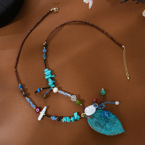Collier Statement Bohème Vintage <span class=keywords><strong>en</strong></span> Perles d'Eau Douce et Turquoise Naturelle avec Pendentif Feuille d'Arbre pour Femme - Product Image 4