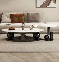 Table basse ovale en pierre frittée brillante de style italien avec base à double boule et ensemble de tables d'appoint - Luxe léger et minimaliste