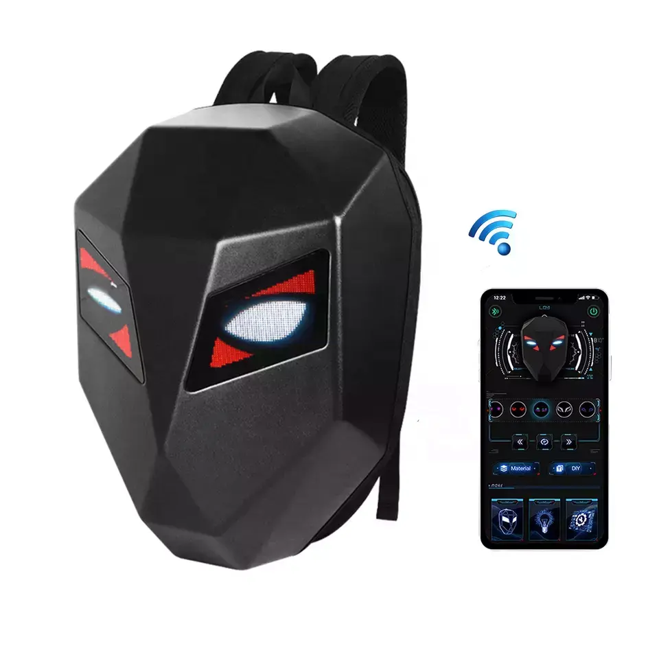 LED Backpack Waterproof Hard Shell DIY cool mask eyes motorcycle Riding knight black led screen display backpack for man boys
