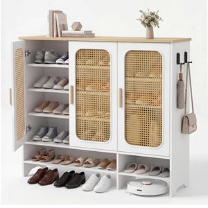 SENYU Meuble de rangement à chaussures moderne en rotin pour entrée, 6 étagères, gain de place, autoportant, mobilier de maison, dessus en bois blanc - Product Image 1