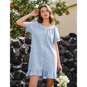 Chemise de nuit en coton à carreaux pour femme, manches courtes, boutonnée, avec poches, robe de nuit d'été à volants, style loungewear - Product Image 5