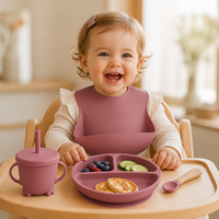 Ensemble de vaisselle écologique pour enfants, anti-chute, en silicone de qualité alimentaire, assiette bébé avec ventouse, bavoir et fourchette – Vente chaude transfrontalière