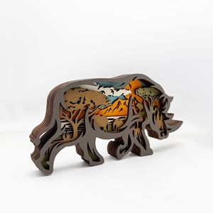 Uionen Nuevo Adorno de Rinoceronte Tallado en Madera, Escultura de Animal Hecha a Mano, Decoración para el Hogar, Oficina, Escritorio, Regalo Artesanal - Product Image 4
