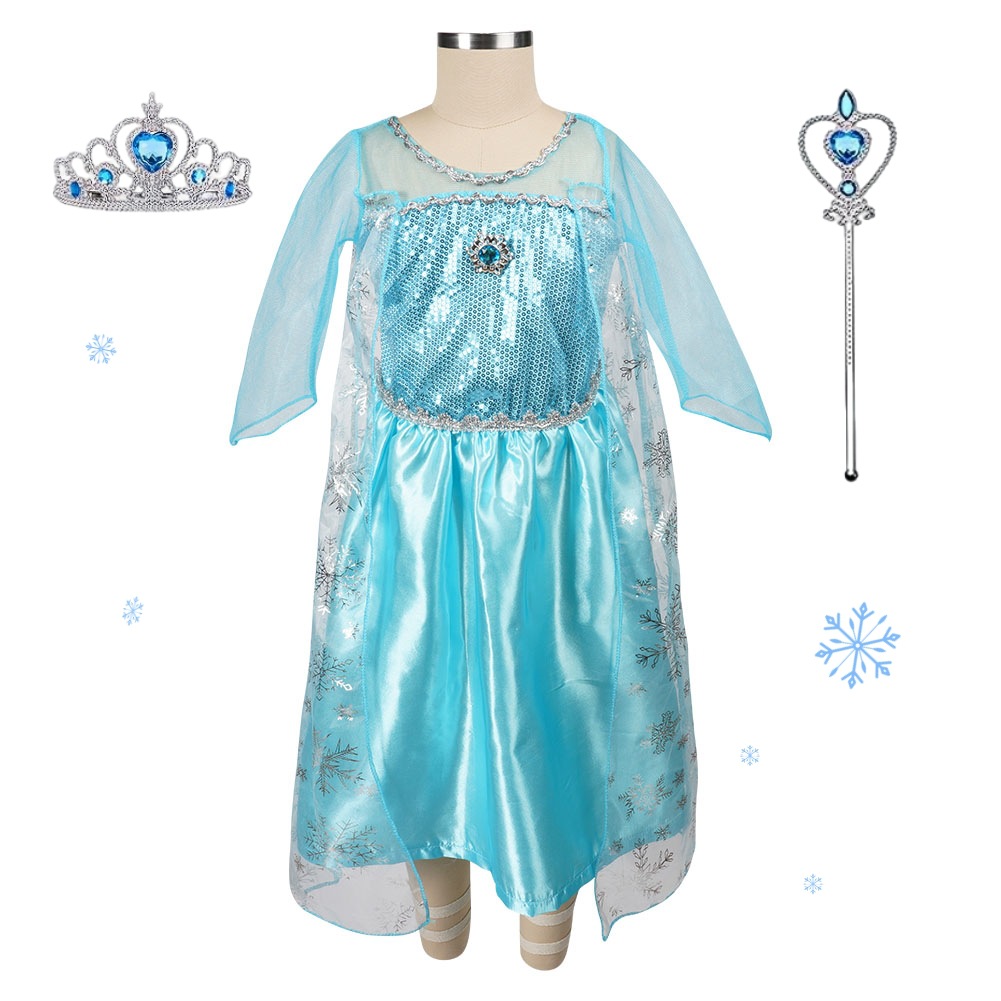 Bleu [Robe + Broche Flocon de Neige + Couronne + Baguette Magique]