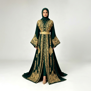 Abaya longue pour femme, col en V, manches longues, broderie cachemire vert, style Moyen-Orient, coupe ample, polyester, pour l'Aïd - Product Image 1
