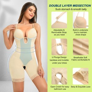 Body Moldeador con Cuello en U para <span class=keywords><strong>Mujer</strong></span>, Control de Abdomen, Levanta Glúteos, con Escote Recogido, Entrepierna Abierta, Tirantes Ajustables - Product Image 3