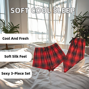 ใหม่สบาย นุ่ม ระบายอากาศได้ดี ฤดูใบไม้ผลิ/ฤดูร้อน/ฤดูใบไม้ร่วง ชุดนอนสายรัดเอวยางยืด ชุดนอนผู้หญิง เสื้อผ้าใส่สบายๆ ชุดสามชิ้น - Product Image 2