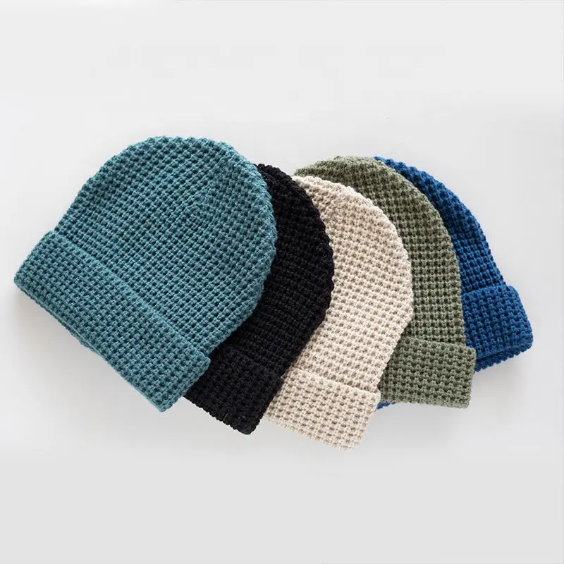 Logotipo personalizado Mens Acrílico Waffle Pattern Malha Beanie Hat com Turn Out Cuff