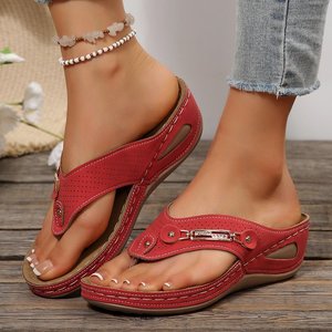 Sandalias de cuña para mujer, rojas, con punta abierta, transpirables, estilo casual, para la playa, zapatos de verano - Product Image 1