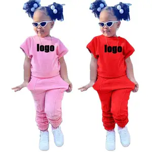 Bestseller individuelles Logo Kinderbekleidungsset Mädchen Kleinkind Sommer Baumwolle 2-teilig Outfits neue 2024 Kinder Mädchenbekleidungssets