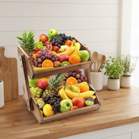 Étagère de rangement alimentaire en bois d'acacia à 2 niveaux grande capacité, panier à fruits et légumes multi-niveaux pour comptoir de cuisine